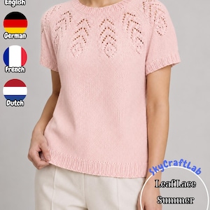 Leaf Lace Summer Sweater Knitting Pattern (PDF), Short Sleeve Button Back Tee