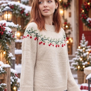 May include: A beige long-sleeve knit jumper featuring a crew neckline and a festive pattern of green holly leaves and red berries across the chest and shoulders. The jumper has ribbed cuffs and a ribbed hem, with a straight-cut silhouette.