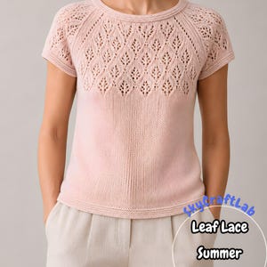 May include: A pale pink short-sleeved knit top featuring a delicate leaf lace pattern across the yoke and a round neckline. The text SkycraftLab Leaf Lace Summer Tee Knit is visible in the lower right corner of the image.