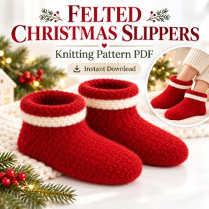 Strickanleitung für kuschelige Filz-Weihnachtspantoffeln (PDF), Strickhausschuhe aus Wolle, festliche Hausschuhe, Familiengrößen, Sofort-Download