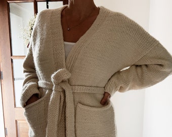 Knitting Pattern Sur Cardigan Sweater Pattern Top Down Chunky Cardigan with Belt and Pockets