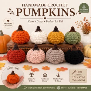 May include: Eight handmade crochet pumpkins in orange, white, yellow, green, red, pink, gray, and black, each with a brown stem. The pumpkins measure approximately 2.5 to 3 inches tall. Text on the image reads: HANDMADE CROCHET PUMPKINS.