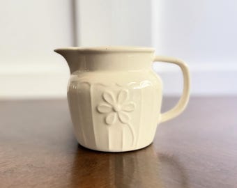 Vintage Embossed Floral Ceramic Creamer Pitcher | Farmhouse Cottage Kitchen Decor