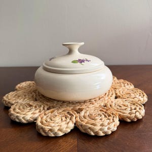 Vintage Pottery Covered Dish Signed Beverly 1976 | Violet Floral Stoneware Bowl