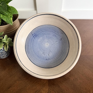 Vintage Studio Pottery Bowl | Hand Thrown Stoneware, Hummingbird Design, Crackle Glaze