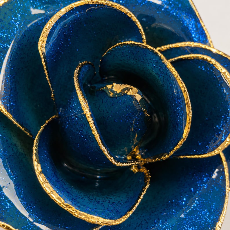 Preserved Blue Glitter Rose With Gold Trim, Keepsake Flower Gift ...