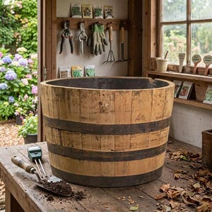 May include: A large, round wooden barrel planter featuring light brown vertical staves and two dark, weathered metal bands encircling the exterior. The interior is dark, and the top edge shows a small notch. It sits on a rustic wooden workbench.