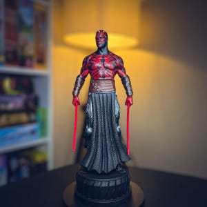 Shadow Assassin Warrior Figure, Red Tattooed Dark Apprentice Statue, Dual Blade Villain Collectible