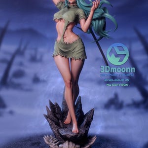 May include: A detailed figurine of a character with teal hair and a skull-like headpiece, wearing a torn green outfit. The figure stands on a rocky base with a skull design. The background is a blurred, dark blue with the text "3Dmoonn" and "December reward available on my Patreon".