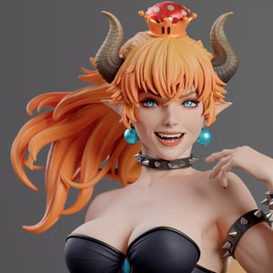 May include: A detailed figurine of a character with orange hair, blue eyes, and a mushroom crown. The character wears a black dress, a spiked choker, and a spiked bracelet. The figurine has a smiling expression and is set against a gray background.