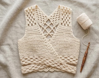 Molde de Top Halter de Crochê – Top Cropped Boho Fácil em PDF, Top Halter de Verão com Renda nas Costas, Molde de Roupa de Crochê Feita à Mão