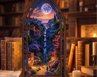 Moonlit Village Book Nook Candle Holder, Fantasy Town Bookshelf Decor, Enchanted Night Landscape Shelf Insert, Reader Gift