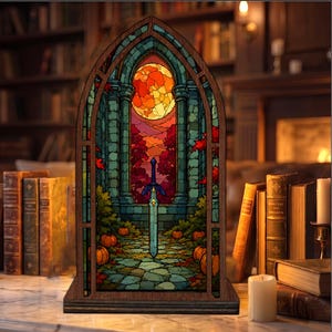 Bougeoir de coin de livre d'épée fantastique, décor de château gothique, insert d'étagère médiéval fantastique, cadeau pour les lecteurs
