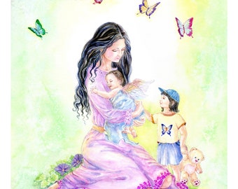 Angel Art,Cherubim, Mother and Child, Mother and Angel,Morning Glory, Butterflies, Angel Art print, 8x10 art  print