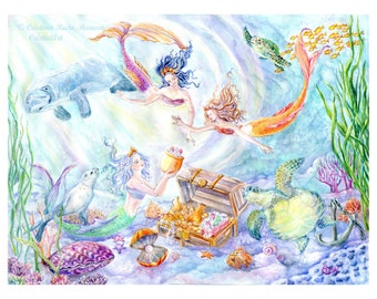 Mermaid Art Print, Mermaid Sisters, Mermaid Daughters with Seal, Manatee,Sea Turtles, Sunken Treasure, 11x14 inches art print