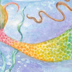 Mermaid art, Mermaid with Rainbow-Colored Tail and Beluga Whale in underwater fantasy scene mermaid art print,8 x 10 art print image 3