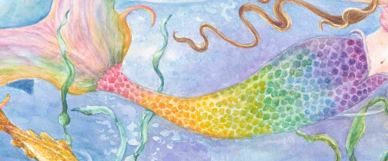 Mermaid art, Mermaid with Rainbow-Colored Tail and Beluga Whale in underwater fantasy scene mermaid art print,8 x 10 art print image 3