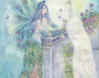 Fairy Art, Peacock Fairy , White Peacock and Butterflies , Fairy Art Print, 8 x10 art  print