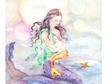 Mermaid Art Print,Mother and Child Mermaid,Ultraviolet Mermaid,Violet tail,Baby mermaid,Golden tail,Sea Urchin,Clam, 11 x 14in.art print