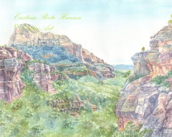 Sedona Series 3, Arizona, watercolor art print, landscape art, red rocks, red cliffs, 8 x 10 in art print