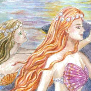 Mermaid Art, Purple, Green Mermaids and Dolphins Riding Waves Mermaid Art Print , 8 x 10 art print image 2