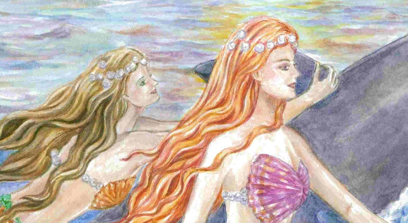 Mermaid Art, Purple, Green Mermaids and Dolphins Riding Waves Mermaid Art Print , 8 x 10 art print image 2