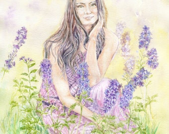 Floral Art Print, Lady/Girl Portrait print, Lupine flowers, purple flowers, watercolor art, 8x10 inches art print