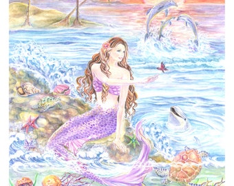 Mermaid Art Print, Pacific Mermaid, Mermaid on Rock with, Jellyfish, Starfishes, 11 x 14in.art print