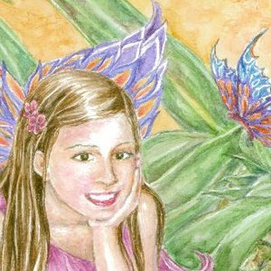 Fairy Art, Pineapple Fairy in Petal Pink Dress sitting on a Pineapple with Butterflies and Ladybugs Fairy art print, 8 x10 art print image 2