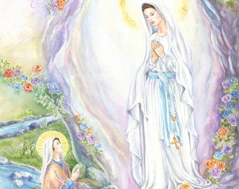 Religious Art, Our Lady of Lourdes with St Bernadette ,Holy Virgin Mary ,Religious Marian Art, Christian Art, Catholic Art,11x14 art print