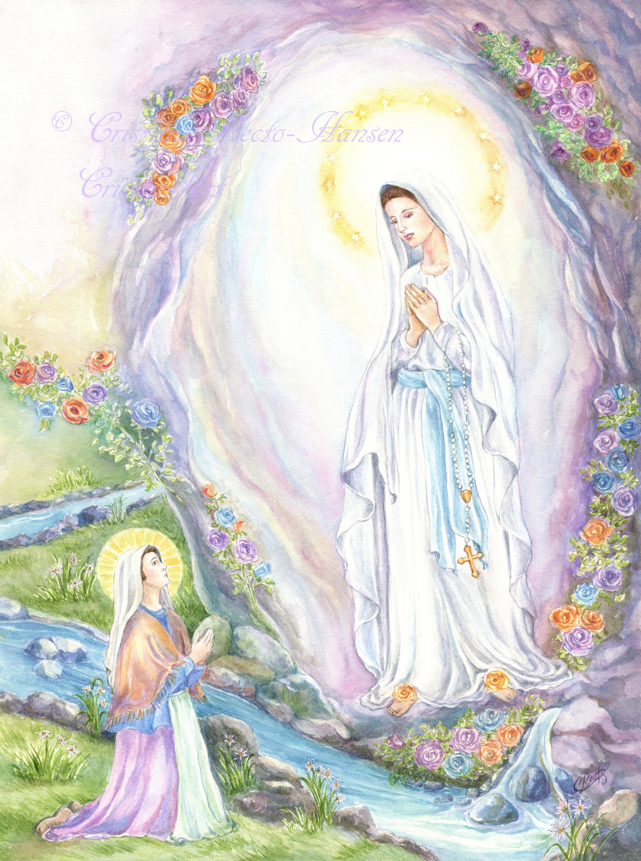 Religious Art, Our Lady of Lourdes With St Bernadette ,holy Virgin Mary ...
