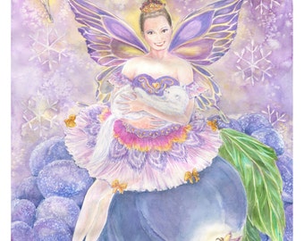 Fairy Art , Sugar Plum Fairy Ballerina with White Cat, Fairy Ballerinas, Snowflakes, Sugar Plums,  Fairy art print, 8 x10 Fairy Art  print