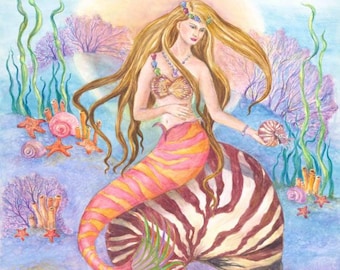 Mermaid art, Mermaid with Dark Pink Tail sitting on Giant Nautilus shell Underwater Scene Mermaid Art print, 8 x10  art  print