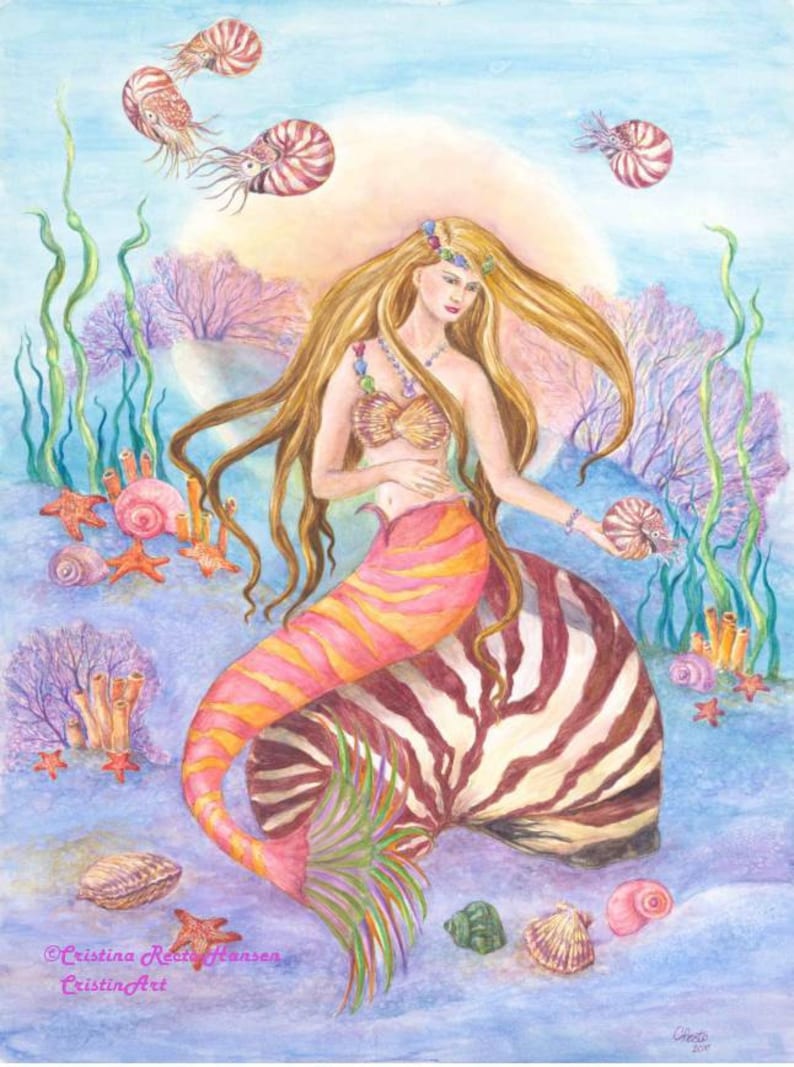 Mermaid Art Print Mermaid with Dark Pink Tail sitting on Etsy