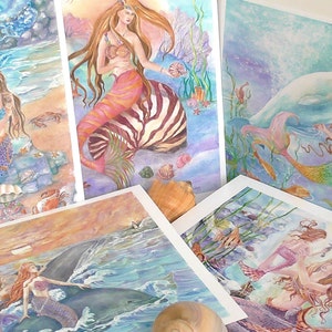 Mermaid Art Prints Set of 5 prints, 6 x8 inches each print, Mermaid Prints Set, Fantasy Art, Wall art image 4