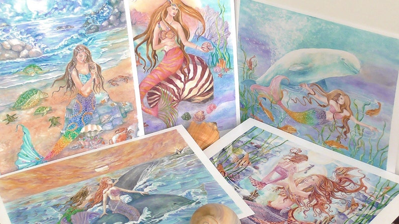Mermaid Art Prints Set of 5 prints, 6 x8 inches each print, Mermaid Prints Set, Fantasy Art, Wall art image 4