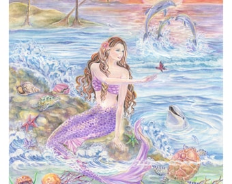 Mermaid Art print, Pacific Mermaid on rock, Sea Turtles, Dolphins, Starfishes, Jellyfishes, Sunset, 8 x10 art print