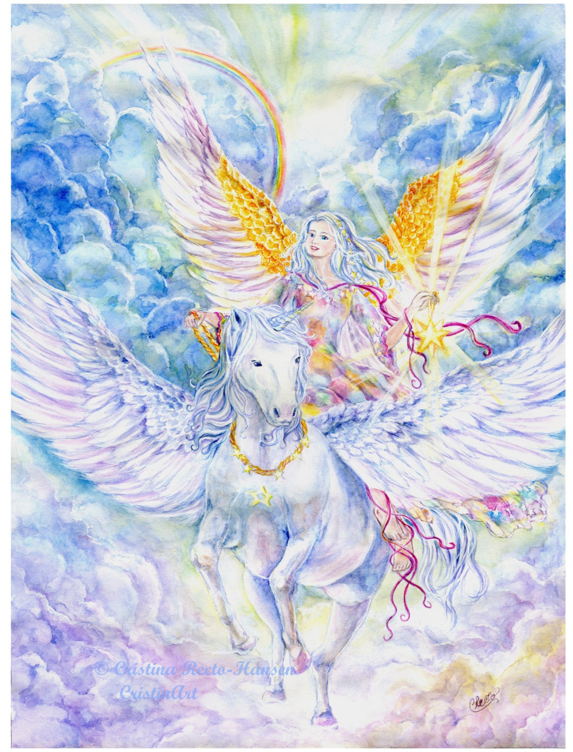 Angel Art, Angel Riding Unicorn, Pegasus, Pegacorn, Star
