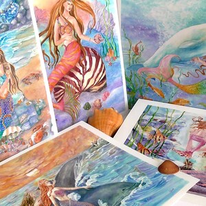 Mermaid Art Prints Set of 5 prints, 6 x8 inches each print, Mermaid Prints Set, Fantasy Art, Wall art image 2