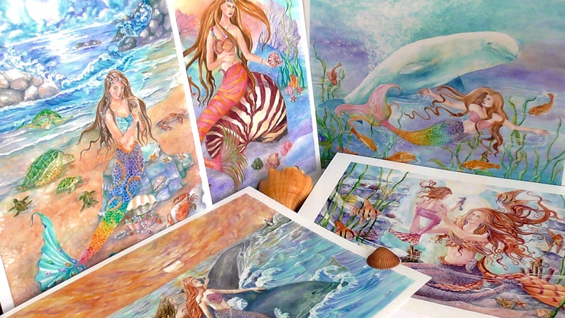 Mermaid Art Prints Set of 5 prints, 6 x8 inches each print, Mermaid Prints Set, Fantasy Art, Wall art image 2