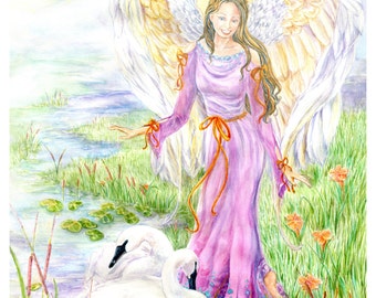 Angel Art, Angel in Mauve, Purple,Magenta Gown by a Lake, Swans, Cattails, Angel Art print, 8x10 art photo print