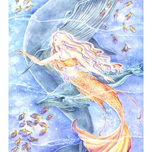 May include: A watercolor painting of a mermaid with long blonde hair and a gold tail, riding on the back of a blue whale. The mermaid is reaching out with her left hand, and there are small yellow fish swimming around them.