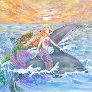 Mermaid Art, Purple, Green Mermaids and Dolphins Riding Waves Mermaid Art Print , 8 x 10 art print image 1