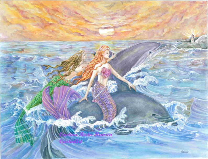 Mermaid Art, Purple, Green Mermaids and Dolphins Riding Waves Mermaid Art Print , 8 x 10 art print image 1