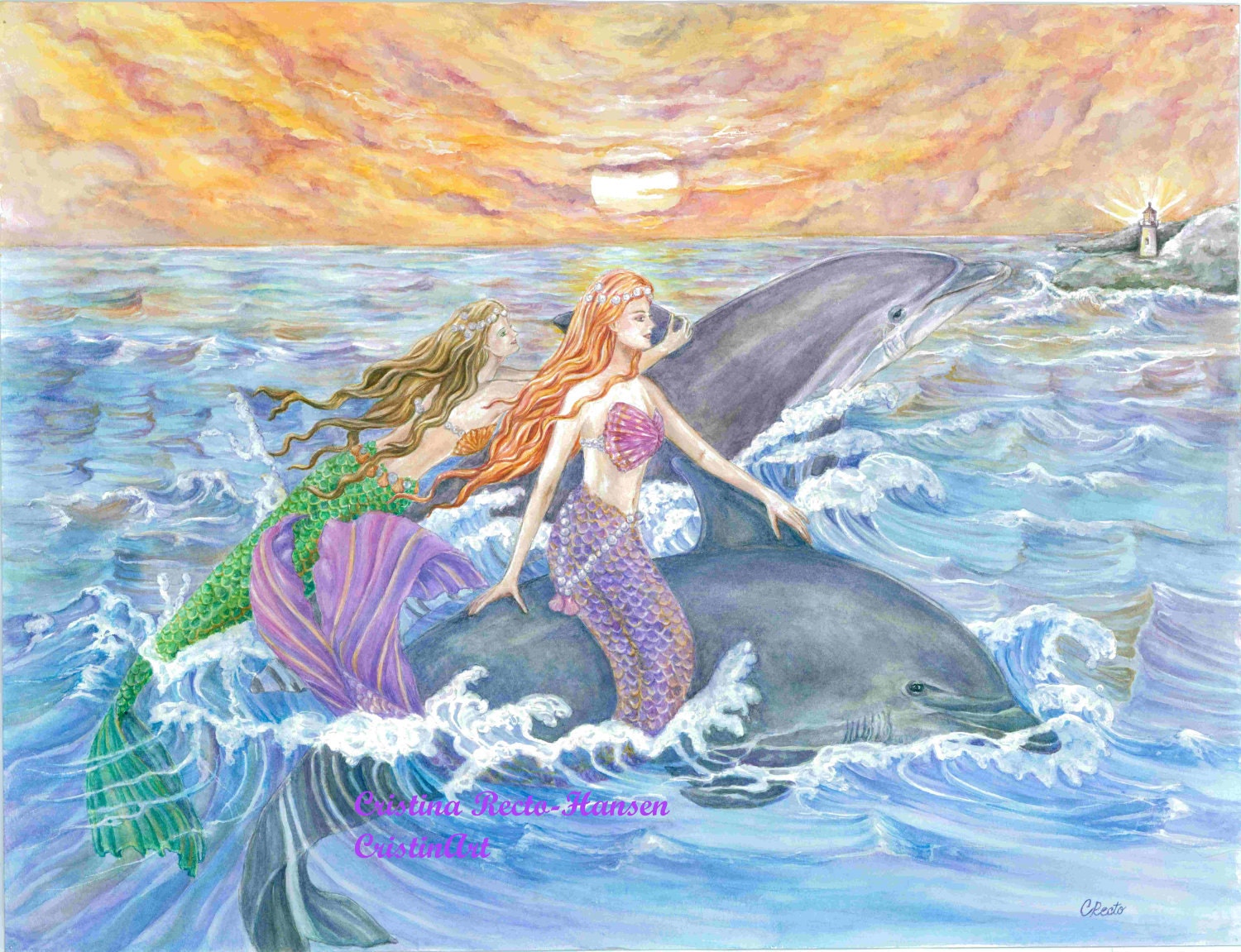 Mermaid Art Purple Green Mermaids and Dolphins Riding Waves - Etsy Denmark