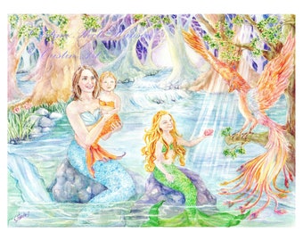 Mermaid Art print, Phoenix Bird, Mermaid mother and daughters, Forest cove, forest lagoon,  8x10 inches art print