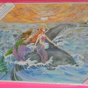 Mermaid Art, Purple, Green Mermaids and Dolphins Riding Waves Mermaid Art Print , 8 x 10 art print image 5