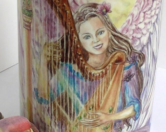 Ceramic Angel Playing the  Harp  design 11oz Mug, light pink handle