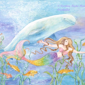 Mermaid art, Mermaid with Rainbow-Colored Tail and Beluga Whale in underwater fantasy scene mermaid art print,8 x 10 art print image 1