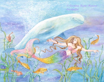 Mermaid Art print,  Rainbow Tail  Mermaid and Beluga Whale in Underwater Scene with Deep Sea Fishes Mermaid Art Print,  11x 14 art print